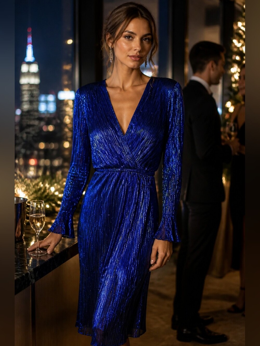 French Connection XS Singa Blue Metallic Pleated Midi Dress NWT Party Holiday